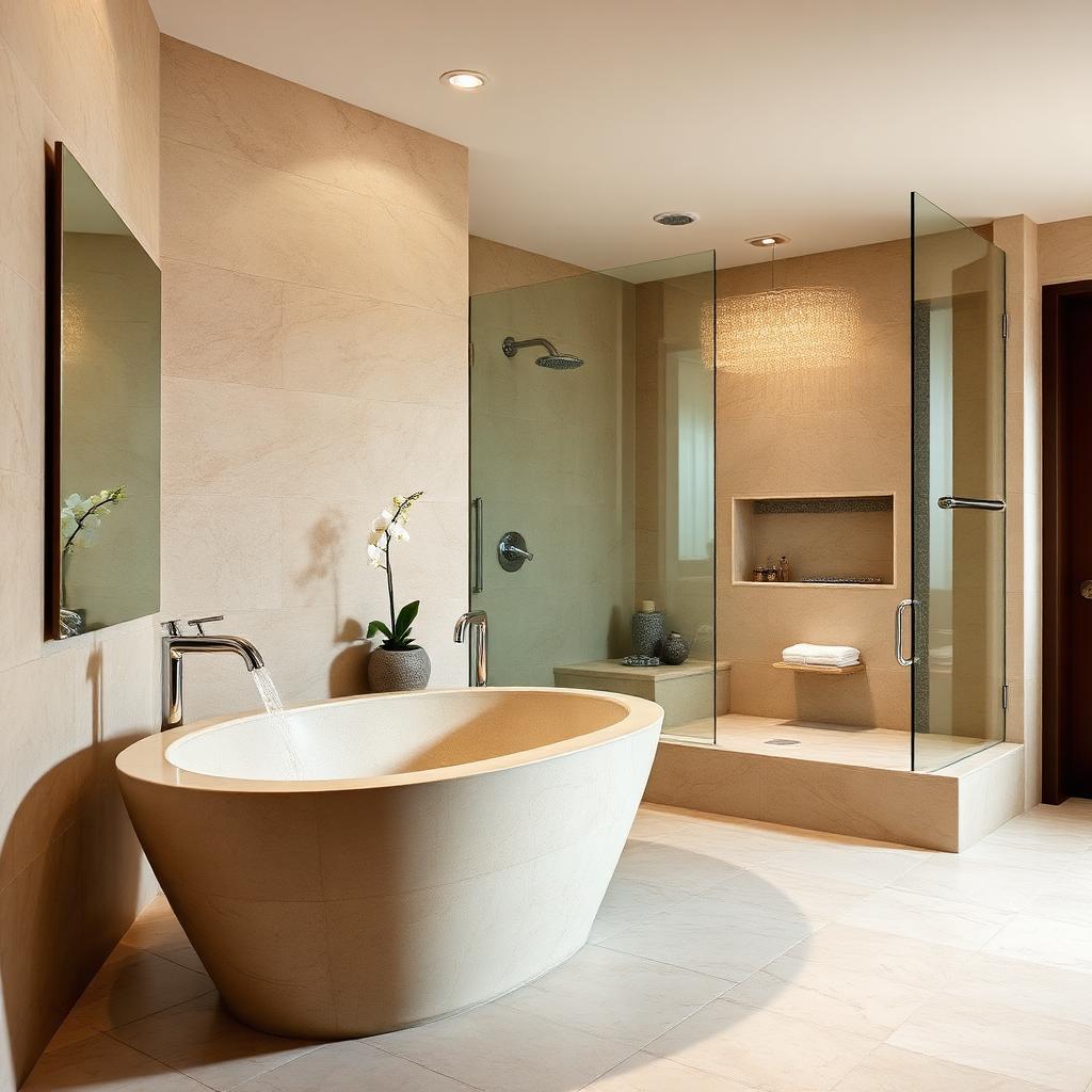 Travertine Bath Modern Stone and Spa Redesign Master — after