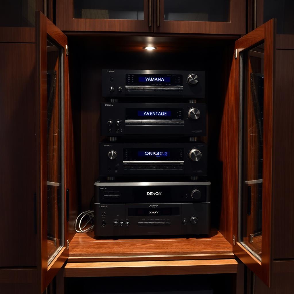 Home theater cabinet stacked with Yamaha AVENTAGE, Onkyo, and Denon receivers
