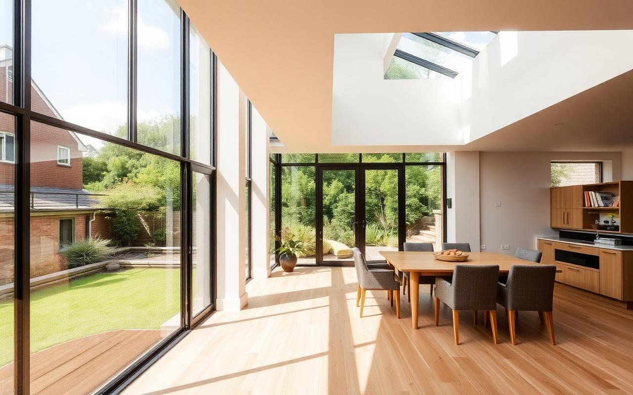 Modern glass infill addition with garden views