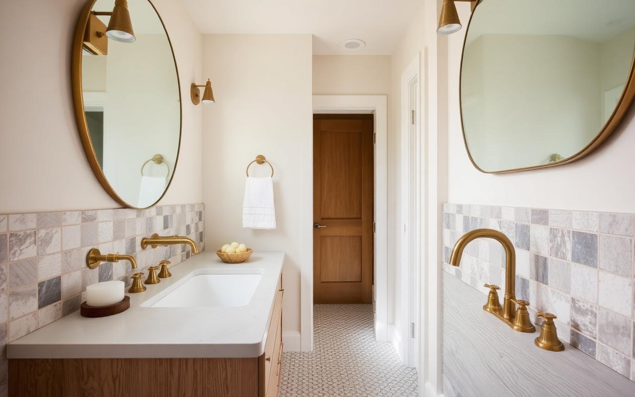 Artisanal master bathroom with brass fixtures and white oak vanity
