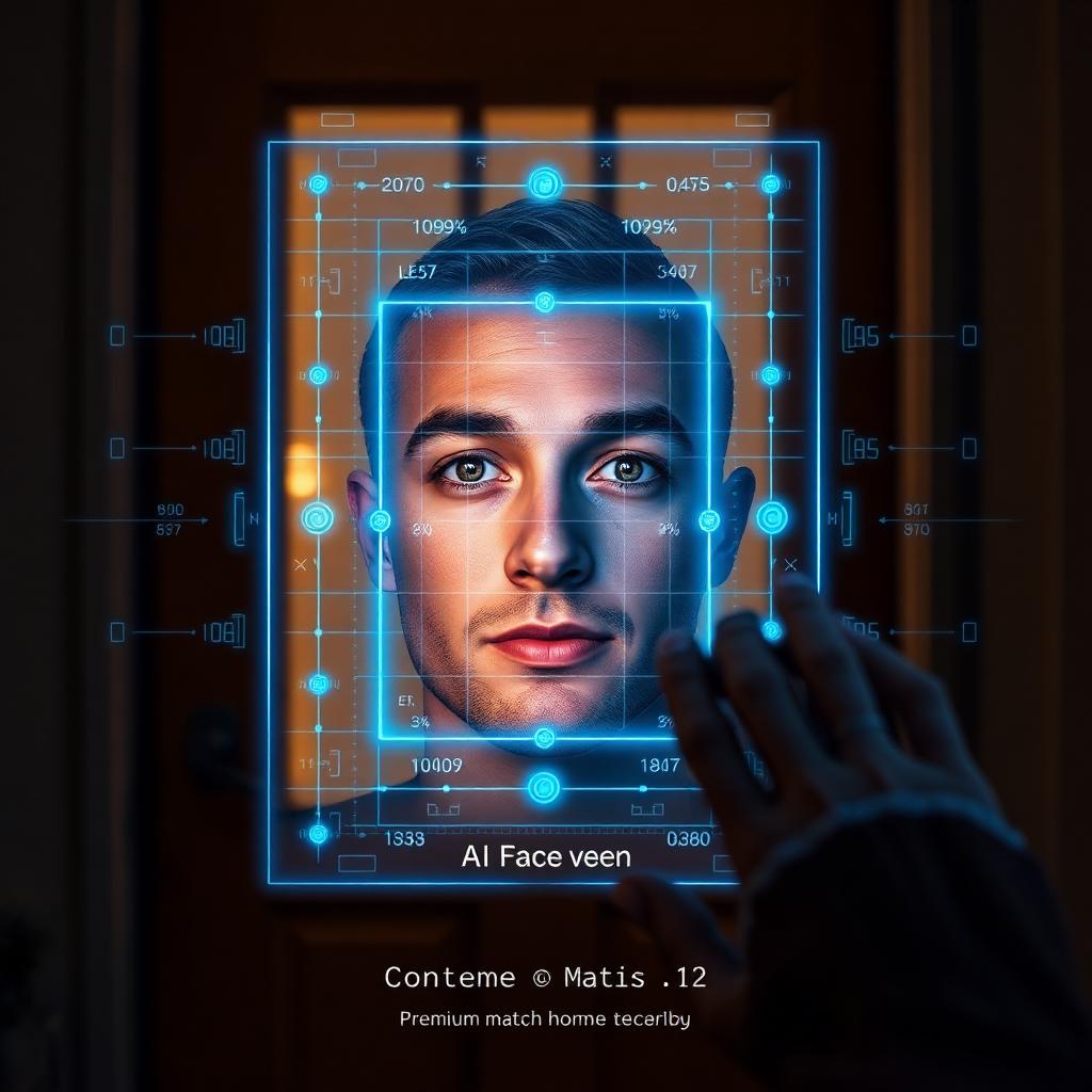 AI facial recognition scanning a face at a residential front door with biometric overlay