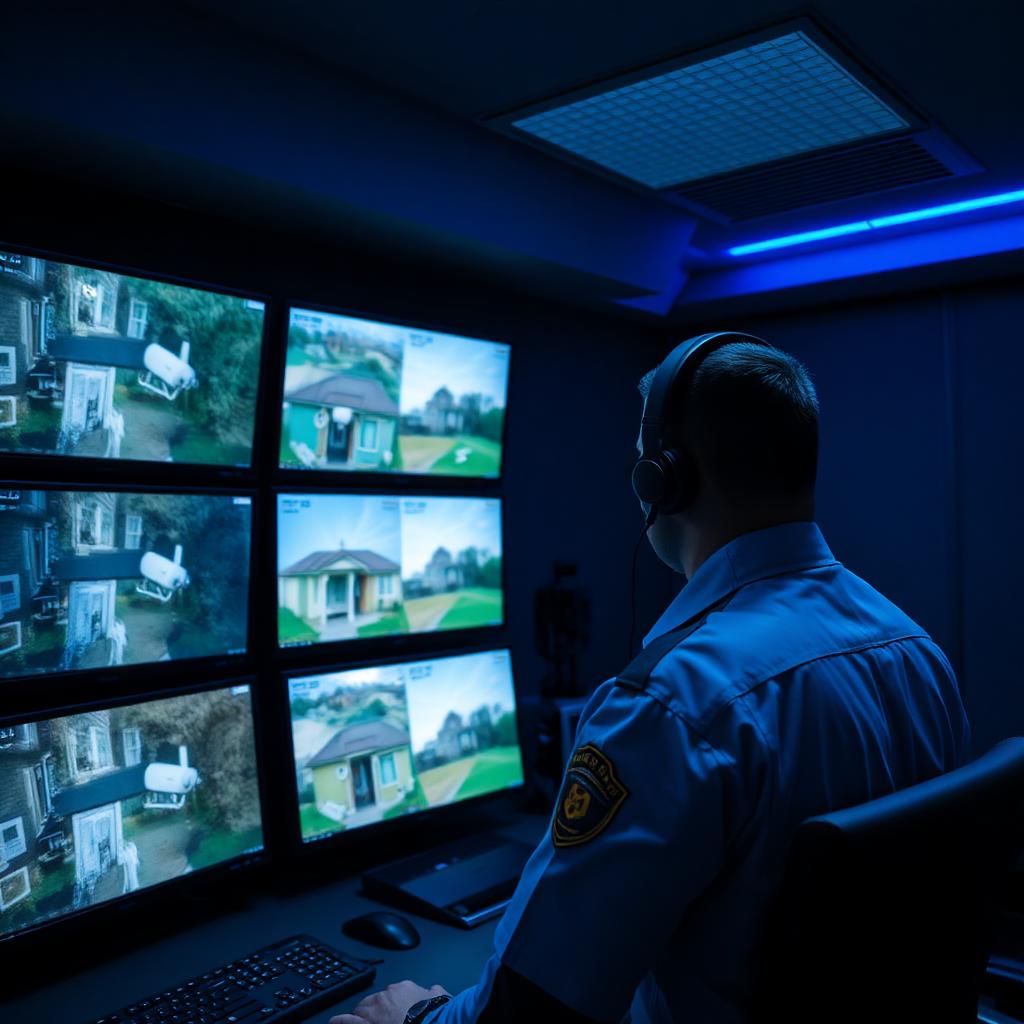 Professional 24/7 security monitoring station with operator watching multiple residential camera feeds